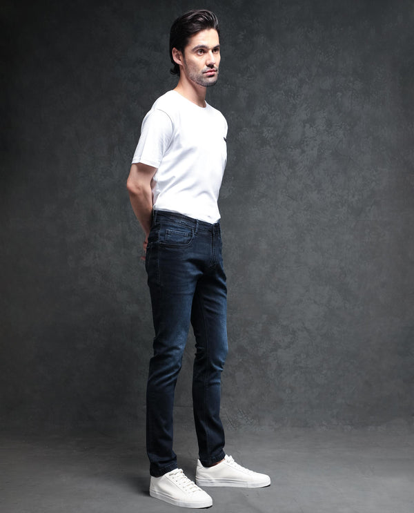 Rare Rabbit Men's Penelope Navy Mid Wash Mid-Rise Slim Fit Jeans