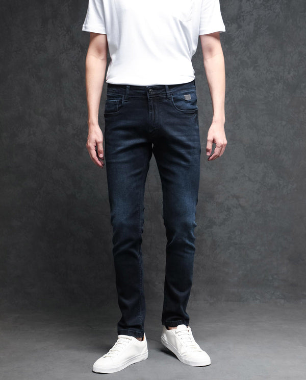 Rare Rabbit Men's Penelope Navy Mid Wash Mid-Rise Slim Fit Jeans