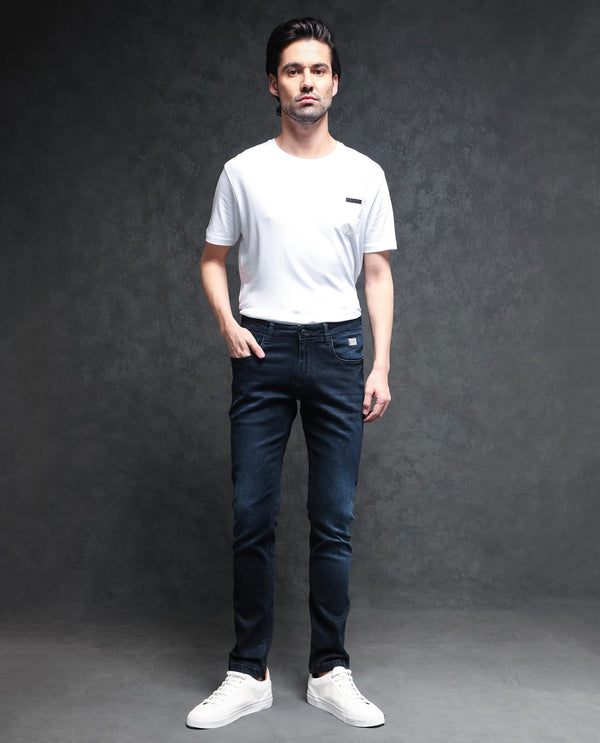Rare Rabbit Men's Penelope Navy Mid Wash Mid-Rise Slim Fit Jeans