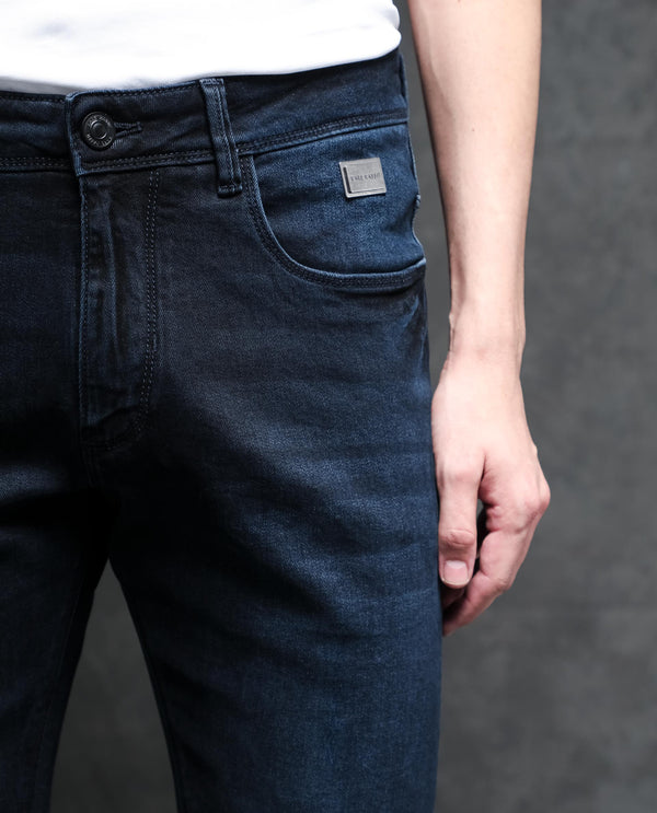 Rare Rabbit Men's Penelope Navy Mid Wash Mid-Rise Slim Fit Jeans