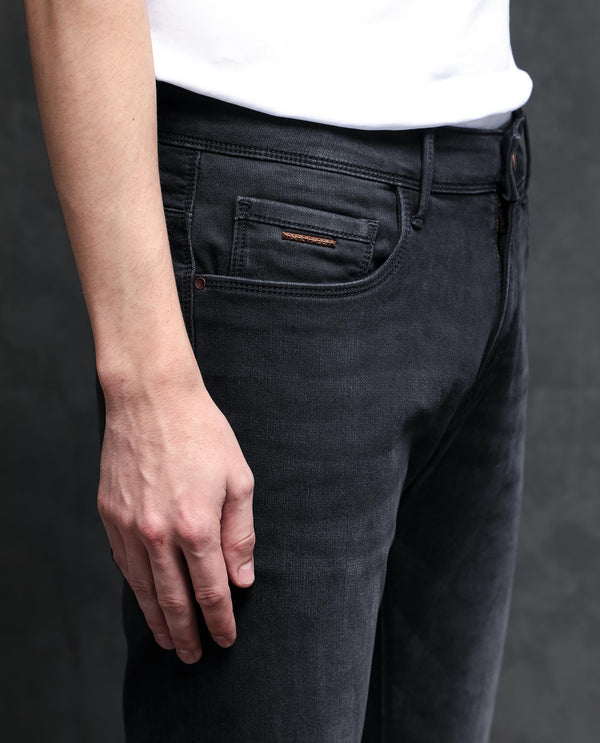 Rare Rabbit Men's Orleans Black Mid Wash Mid-Rise Slim Fit Jeans