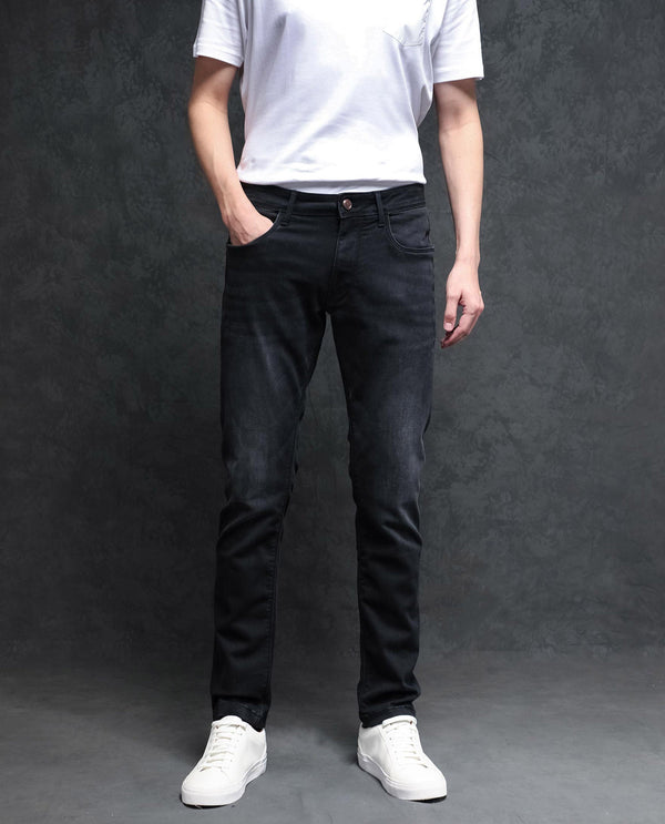Rare Rabbit Men's Orleans Black Mid Wash Mid-Rise Slim Fit Jeans