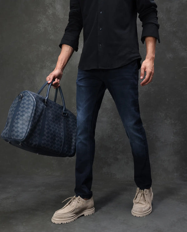 Rare Rabbit Men's Penelope Navy Mid Wash Mid-Rise Slim Fit Jeans