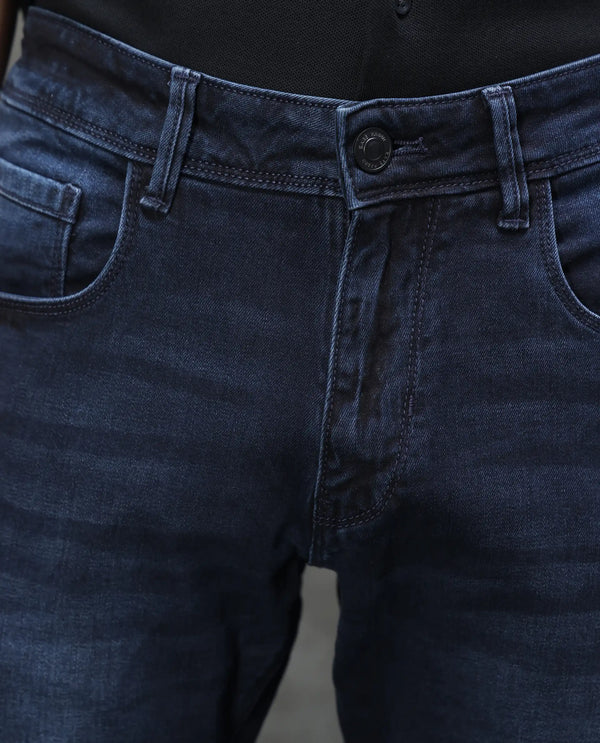 Rare Rabbit Men's Penelope Navy Mid Wash Mid-Rise Slim Fit Jeans