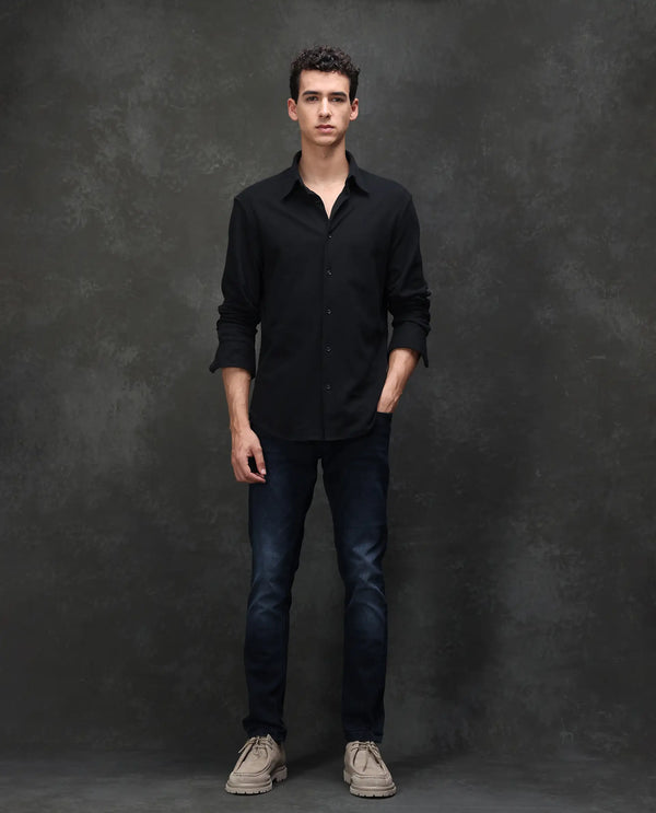 Rare Rabbit Men's Penelope Navy Mid Wash Mid-Rise Slim Fit Jeans
