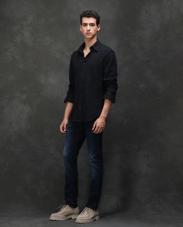 Rare Rabbit Men's Penelope Navy Mid Wash Mid-Rise Slim Fit Jeans