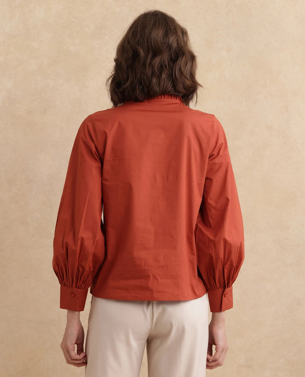 Rareism Women Penla Rust Poplin Fabric Cuffed Sleeve V-Neck Tie-Up Closure Regular Fit Plain Top