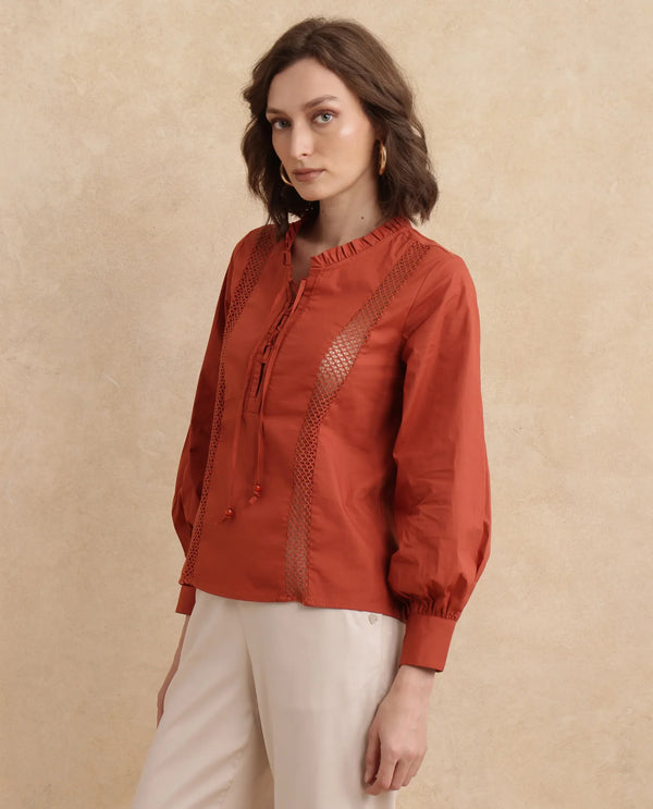 Rareism Women Penla Rust Poplin Fabric Cuffed Sleeve V-Neck Tie-Up Closure Regular Fit Plain Top