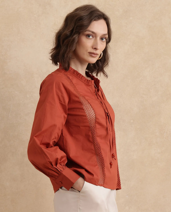 Rareism Women Penla Rust Poplin Fabric Cuffed Sleeve V-Neck Tie-Up Closure Regular Fit Plain Top