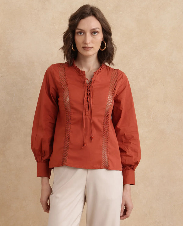 Rareism Women Penla Rust Poplin Fabric Cuffed Sleeve V-Neck Tie-Up Closure Regular Fit Plain Top
