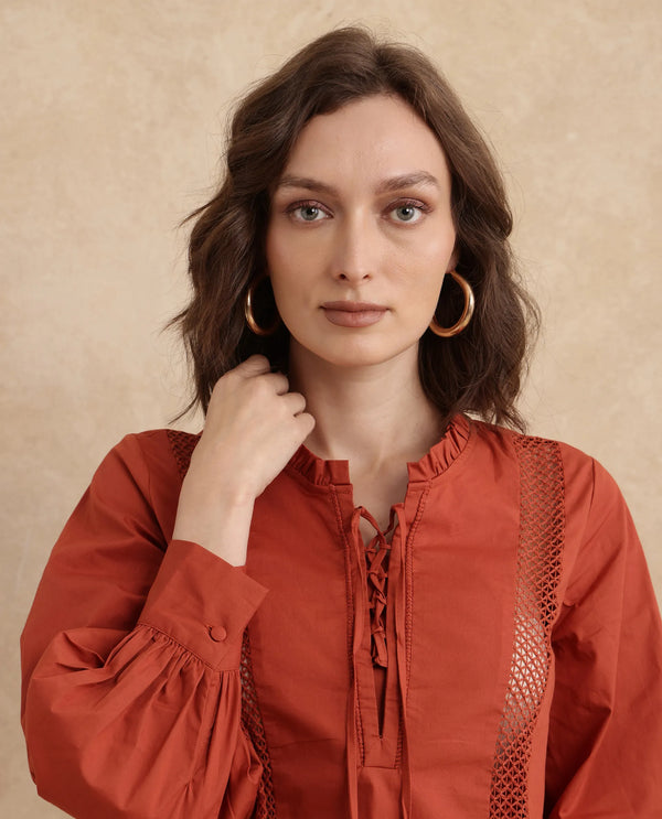 Rareism Women Penla Rust Poplin Fabric Cuffed Sleeve V-Neck Tie-Up Closure Regular Fit Plain Top