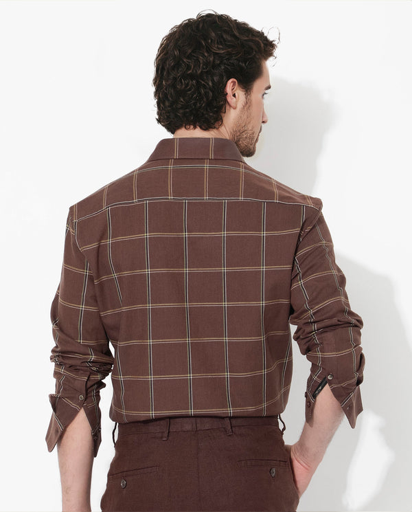 Rare Rabbit Men's Penza Brown Cotton Fabric Full Sleeve Regular Collar Slim Fit Checks Shirt