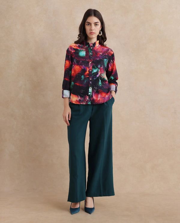 Rareism Women Peptid Multi Cuffed Sleeve Collared Neck Button Closure Abstract Print Top