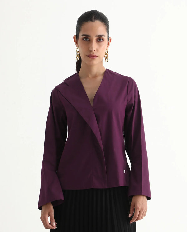 Rareism Women Perdu Purple Bell Sleeves V-Neck Plain Top