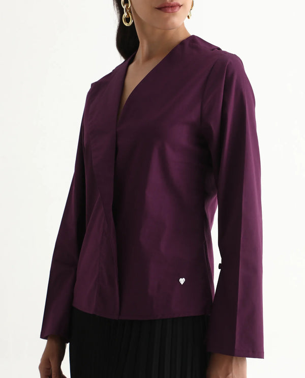 Rareism Women Perdu Purple Bell Sleeves V-Neck Plain Top
