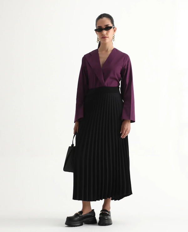 Rareism Women Perdu Purple Bell Sleeves V-Neck Plain Top