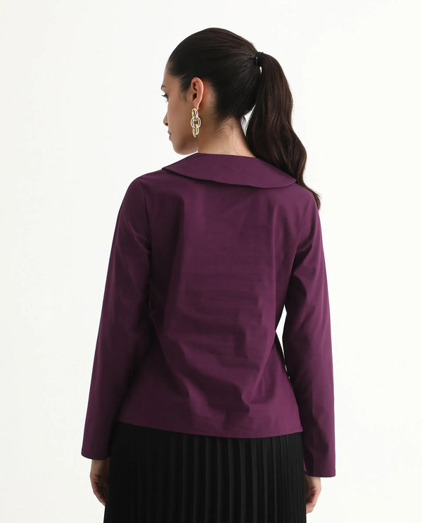 Rareism Women Perdu Purple Bell Sleeves V-Neck Plain Top