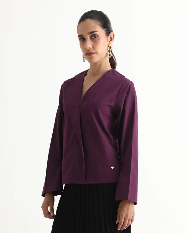 Rareism Women Perdu Purple Bell Sleeves V-Neck Plain Top