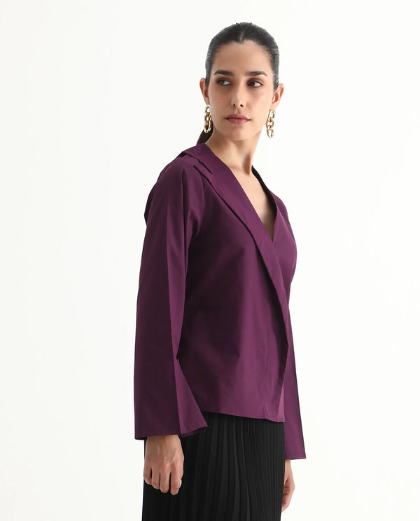 Rareism Women Perdu Purple Bell Sleeves V-Neck Plain Top