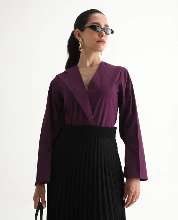 Rareism Women Perdu Purple Bell Sleeves V-Neck Plain Top