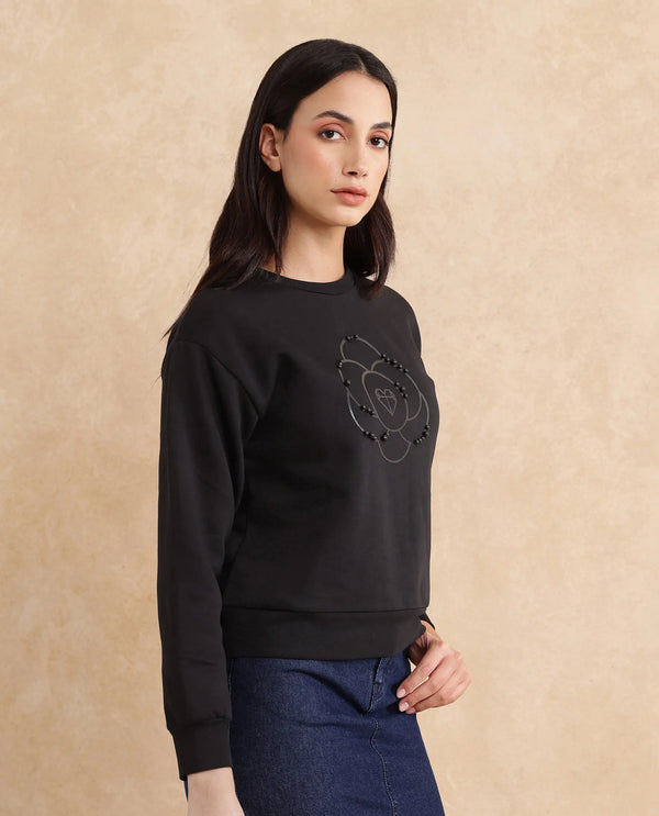 Rareism Women Pere Black Cotton Blend Fabric Full Sleeve Crew Neck Relaxed Fit Graphic Print Sweatshirt