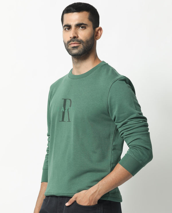 Rare Rabbit Men's Perez Green Cotton Polyester Full Sleeves Logo Graphic Print Sweatshirt