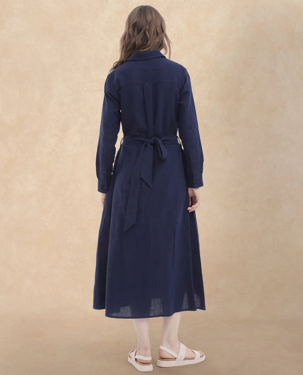 Rareism Women Perif Dark Navy Cotton Linen Fabric Regular Sleeves Collared Neck Solid Longline Dress