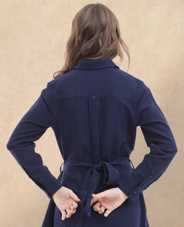 Rareism Women Perif Dark Navy Cotton Linen Fabric Regular Sleeves Collared Neck Solid Longline Dress