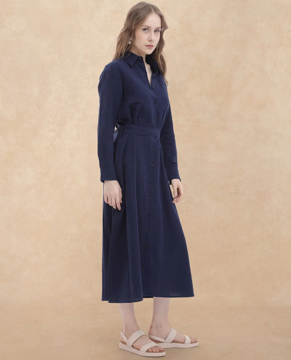 Rareism Women Perif Dark Navy Cotton Linen Fabric Regular Sleeves Collared Neck Solid Longline Dress