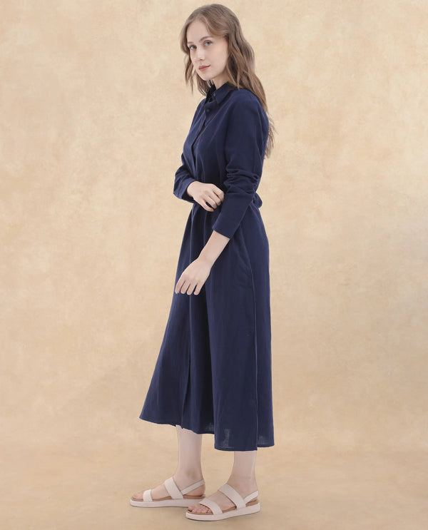 Rareism Women Perif Dark Navy Cotton Linen Fabric Regular Sleeves Collared Neck Solid Longline Dress