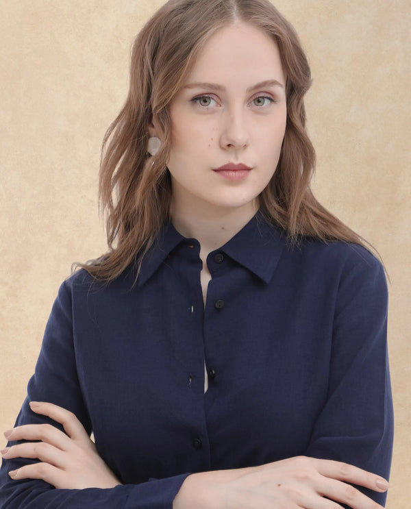 Rareism Women Perif Dark Navy Cotton Linen Fabric Regular Sleeves Collared Neck Solid Longline Dress
