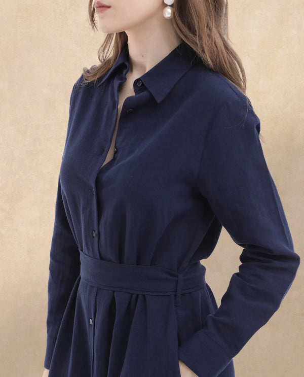 Rareism Women Perif Dark Navy Cotton Linen Fabric Regular Sleeves Collared Neck Solid Longline Dress