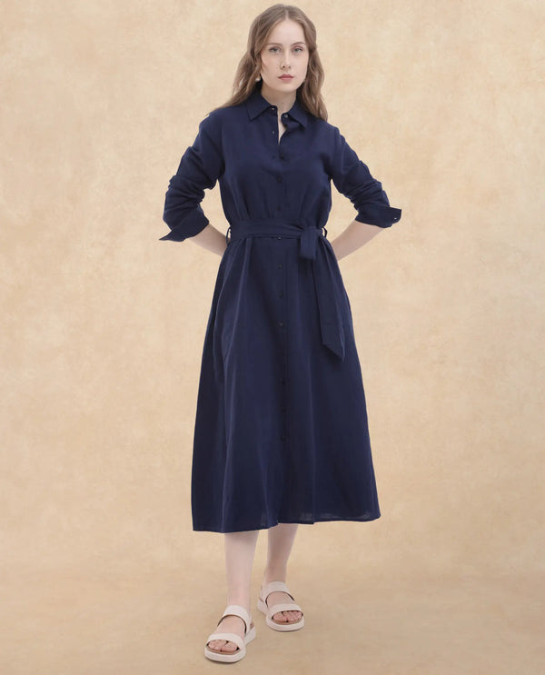 Rareism Women Perif Dark Navy Cotton Linen Fabric Regular Sleeves Collared Neck Solid Longline Dress