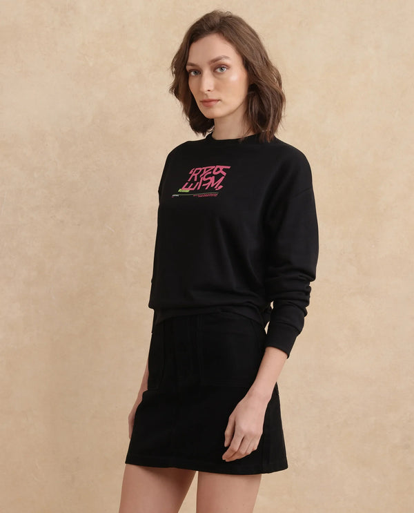 Rareism Women Perio Black Cotton Poly Fabric Full Sleeve Crew Neck Regular Fit Graphic Print Sweatshirt