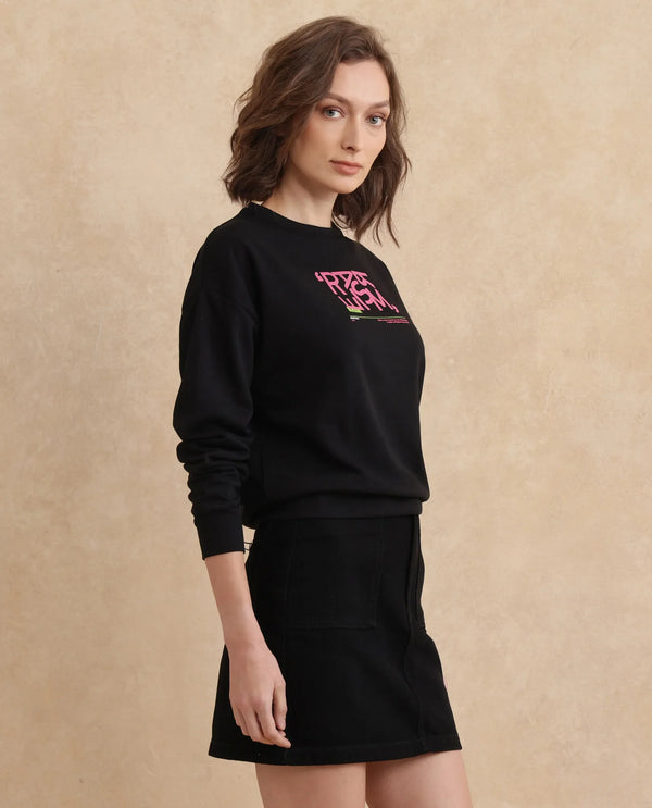 Rareism Women Perio Black Cotton Poly Fabric Full Sleeve Crew Neck Regular Fit Graphic Print Sweatshirt