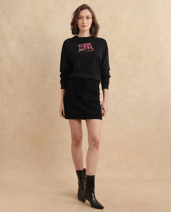 Rareism Women Perio Black Cotton Poly Fabric Full Sleeve Crew Neck Regular Fit Graphic Print Sweatshirt