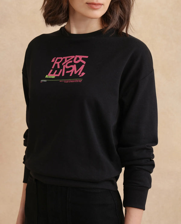 Rareism Women Perio Black Cotton Poly Fabric Full Sleeve Crew Neck Regular Fit Graphic Print Sweatshirt