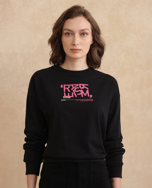 Rareism Women Perio Black Cotton Poly Fabric Full Sleeve Crew Neck Regular Fit Graphic Print Sweatshirt