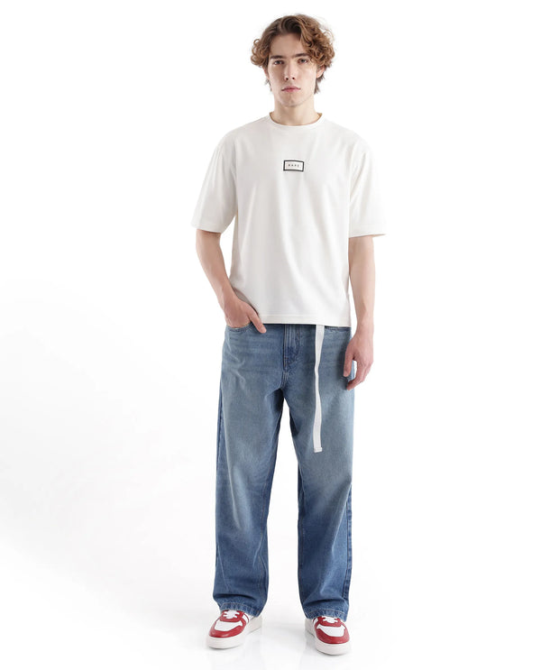 Rare Rabbit Men Persus Off White Cotton Poly Fabric Short Sleeve Boxy Fit Printed T-Shirt