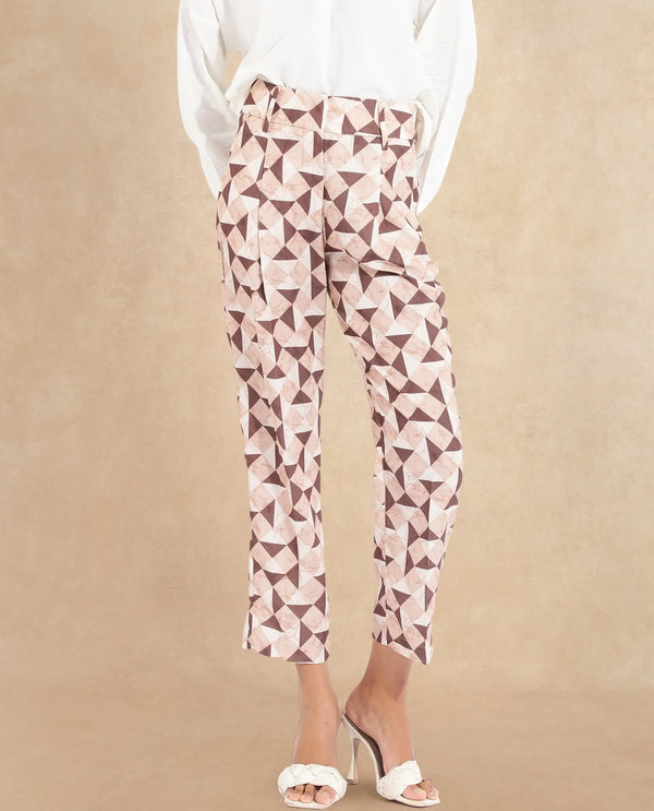 Rareism Women Perugia Light Brown  Tapered Fit Ankle Length Geometric Print Trouser