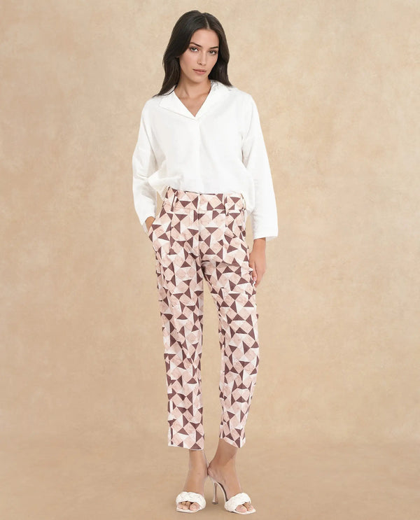 Rareism Women Perugia Light Brown  Tapered Fit Ankle Length Geometric Print Trouser