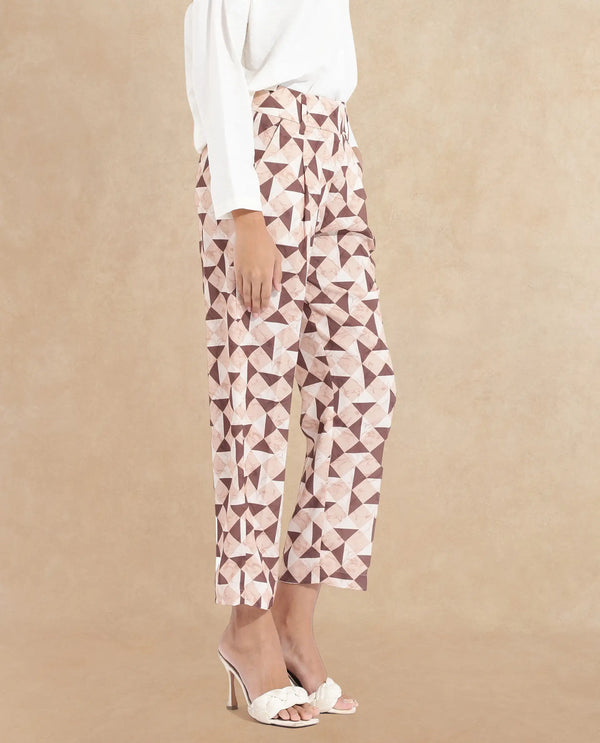 Rareism Women Perugia Light Brown  Tapered Fit Ankle Length Geometric Print Trouser