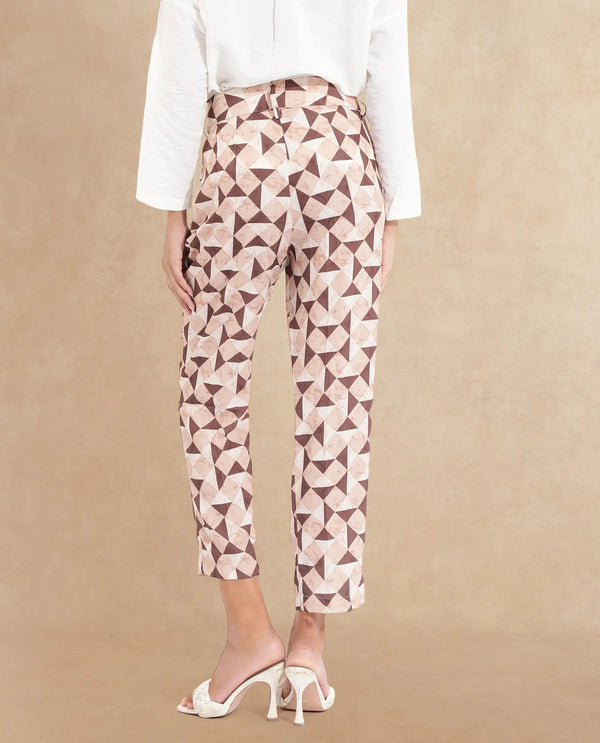 Rareism Women Perugia Light Brown  Tapered Fit Ankle Length Geometric Print Trouser