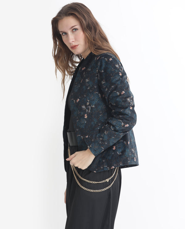 Rareism Women Pesko Navy Velvet Full Sleeves Print Collarless Shrug