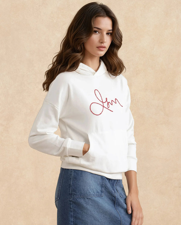 Rareism Women Pesm Off White Full Sleeve Hooded Plain Sweatshirt