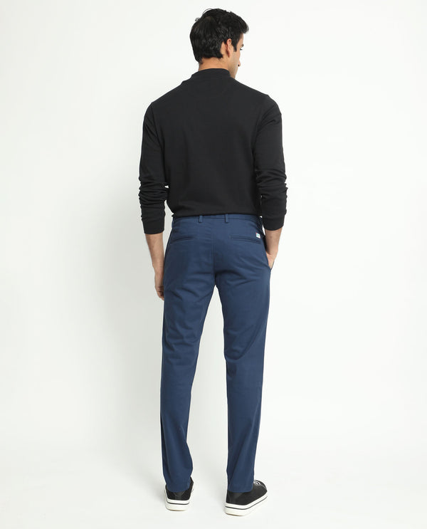 Rare Rabbit Men's Pesto Dark Blue Stretch Mid-Rise Regular Fit Solid Trouser