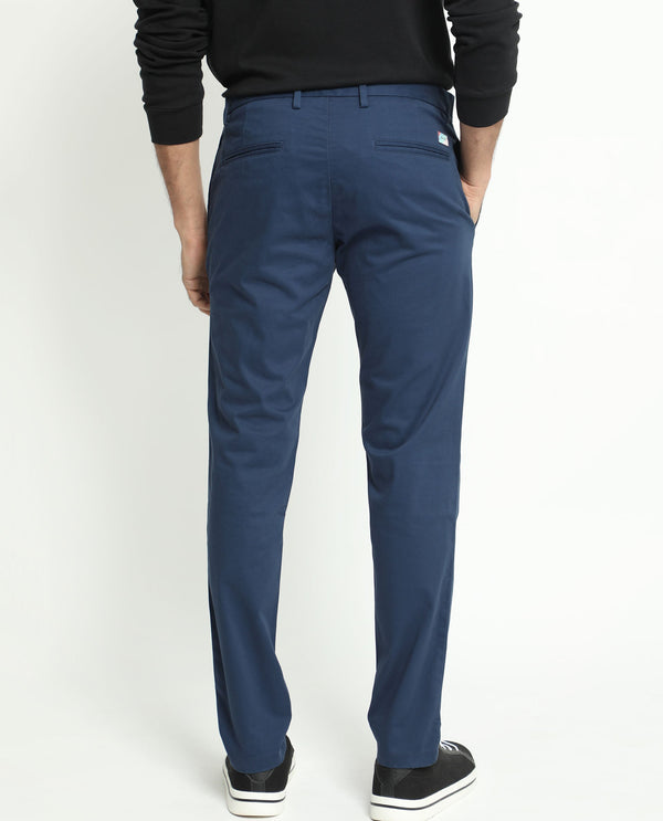 Rare Rabbit Men's Pesto Dark Blue Stretch Mid-Rise Regular Fit Solid Trouser