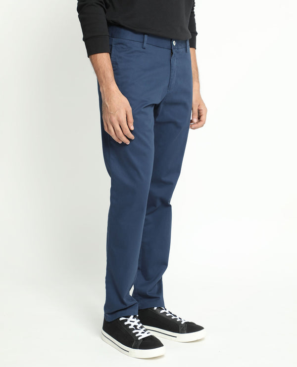 Rare Rabbit Men's Pesto Dark Blue Stretch Mid-Rise Regular Fit Solid Trouser