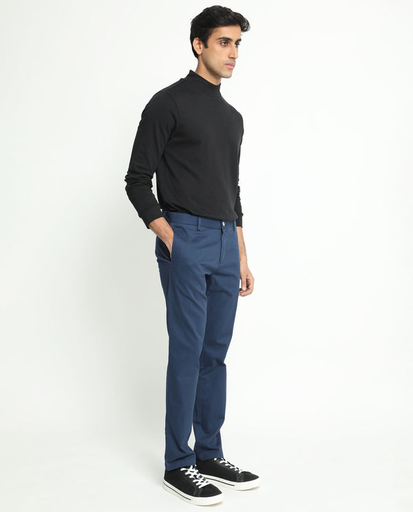 Rare Rabbit Men's Pesto Dark Blue Stretch Mid-Rise Regular Fit Solid Trouser