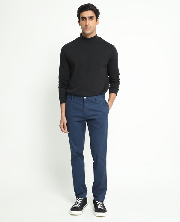 Rare Rabbit Men's Pesto Dark Blue Stretch Mid-Rise Regular Fit Solid Trouser